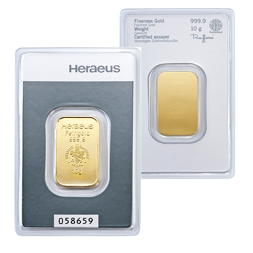999,9 oro-en tarjeta de listado-Heraeus 10 g gramos lingotes de oro 